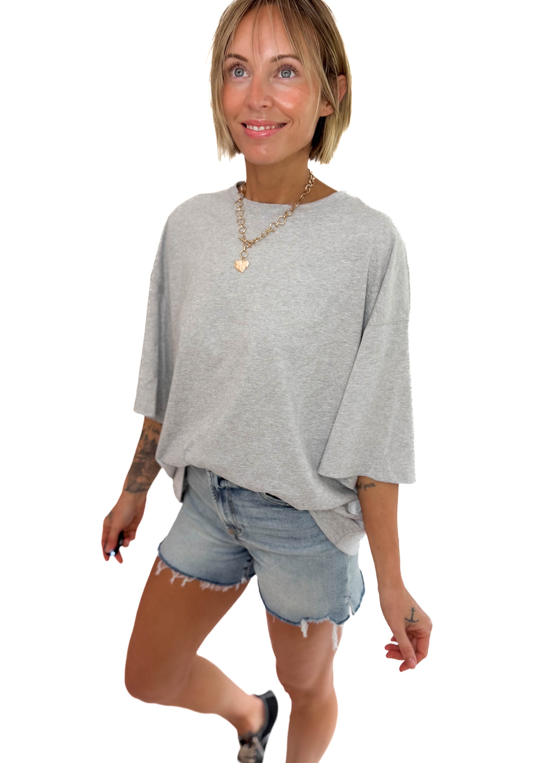 Kaya Cotton Boyfriend Tee- HEATHER GREY