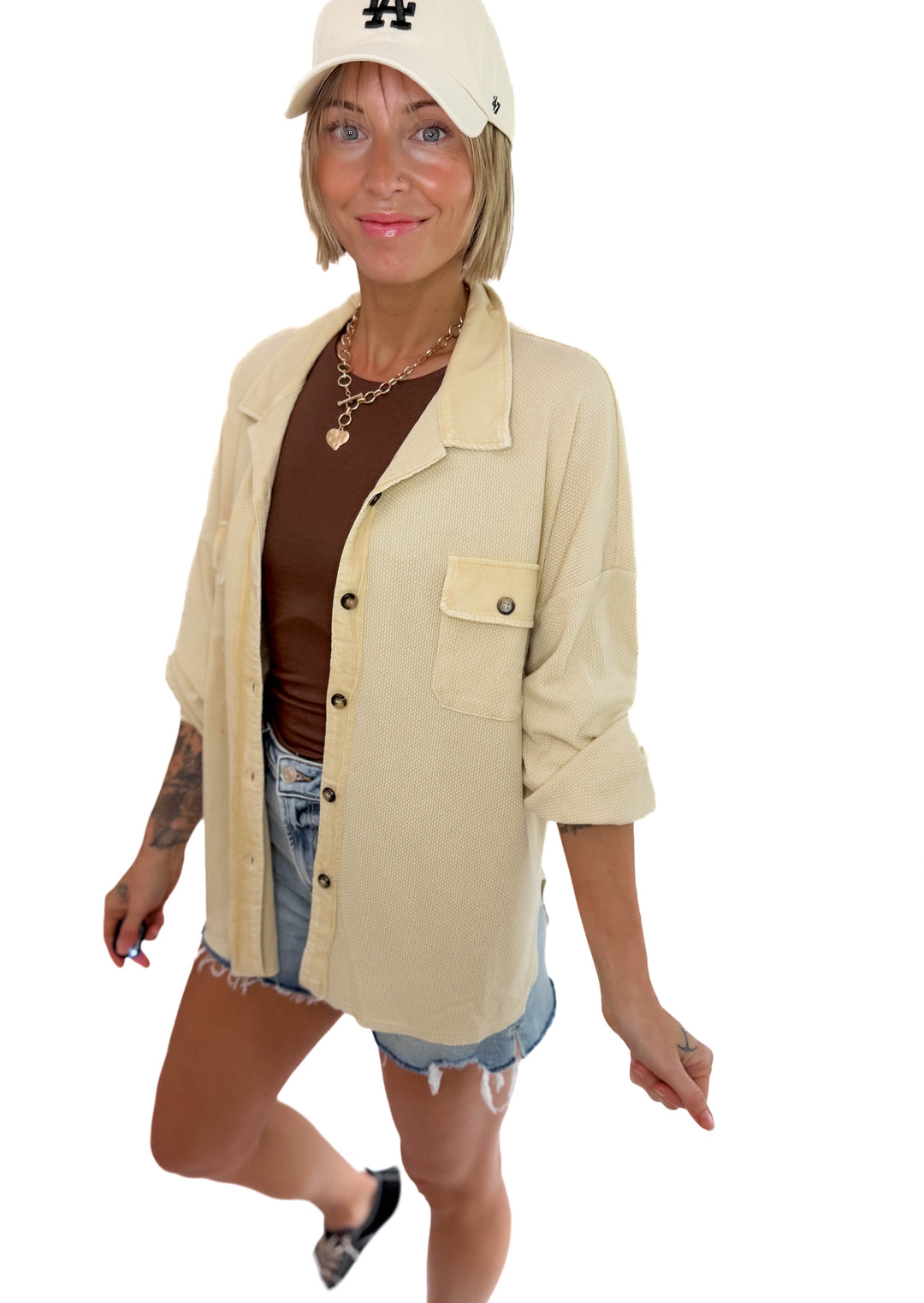Celly Waffle Shacket- KHAKI