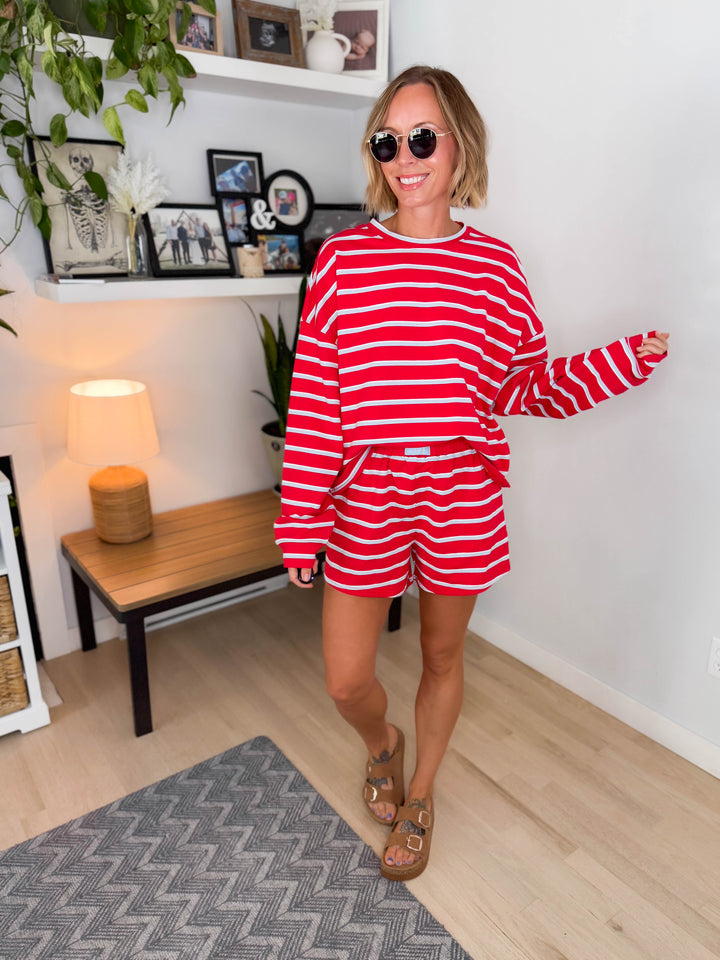 Dallen Striped Terry Lounge Sweatshirt & Shorts Set- TOMATO/BABY BLUE