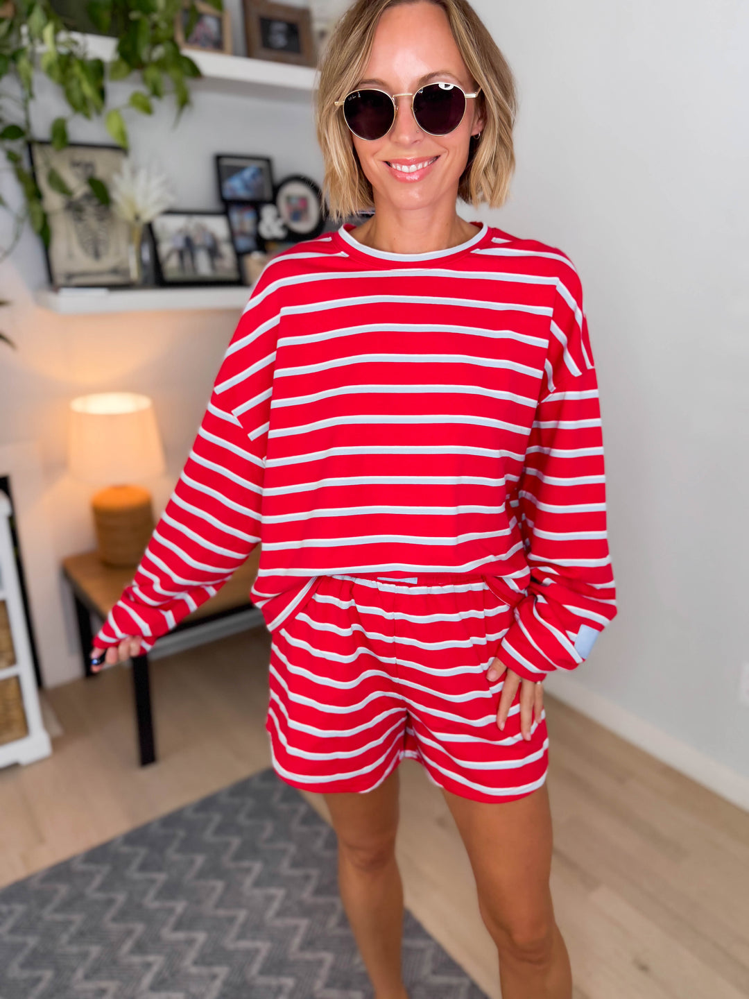 Dallen Striped Terry Lounge Sweatshirt & Shorts Set- TOMATO/BABY BLUE