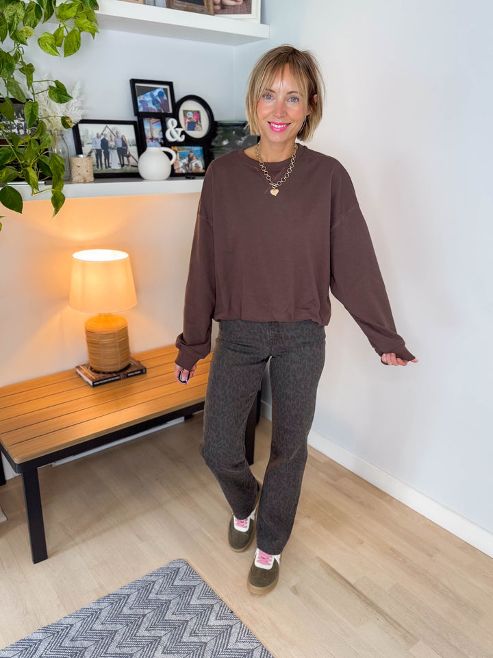 Hope Bubble Hem French Terry Pullover- CHOCOLATE