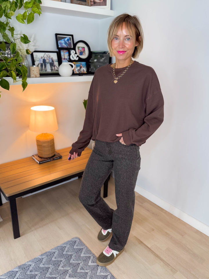 Hope Bubble Hem French Terry Pullover- CHOCOLATE