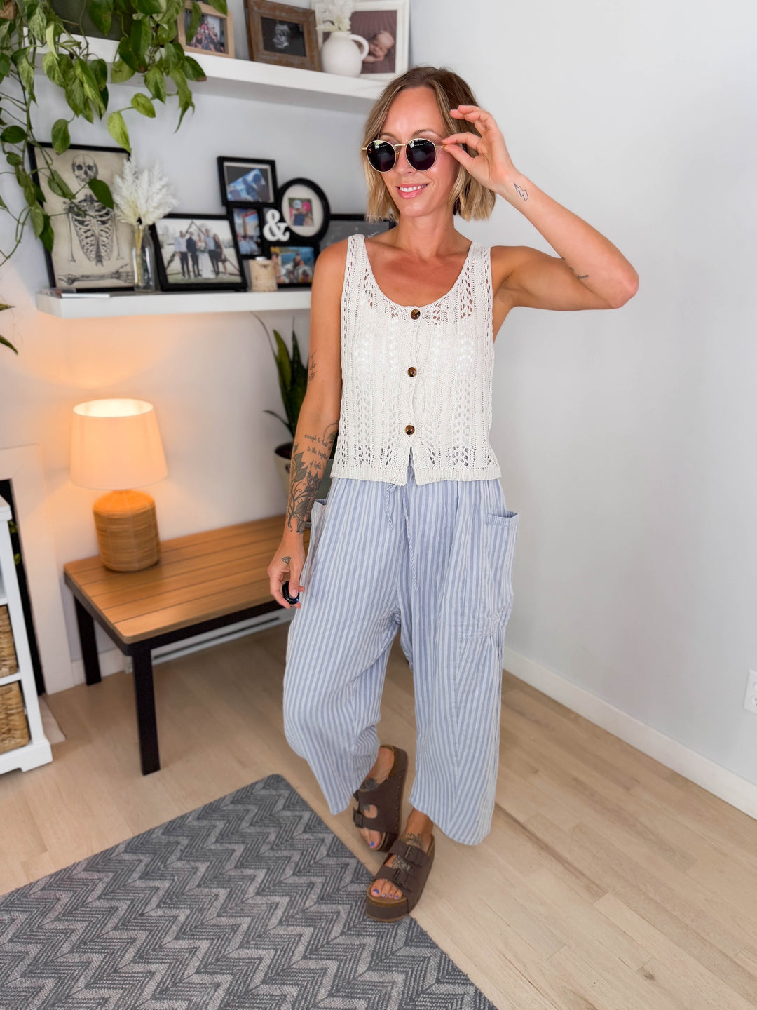 Wanderlust Cotton Boho Stripe Pants- BLUE