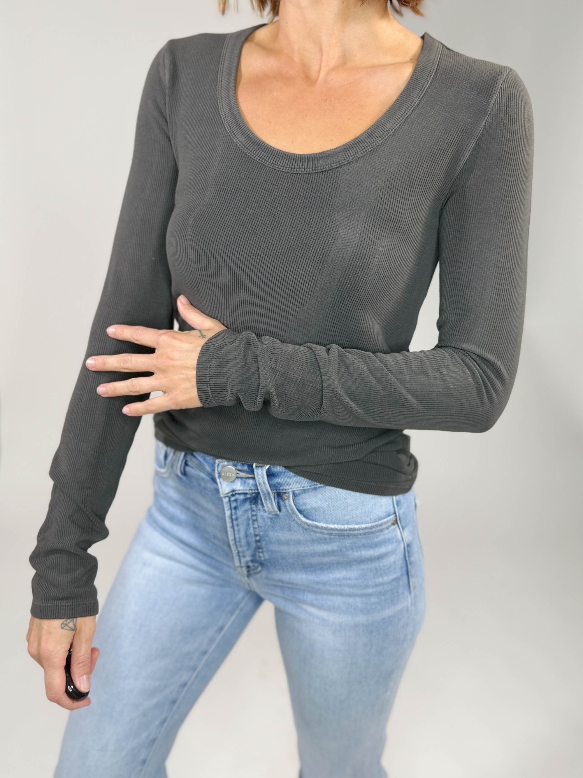 Zara Ultra Soft Scoop Neck Long Sleeve- CHARCOAL