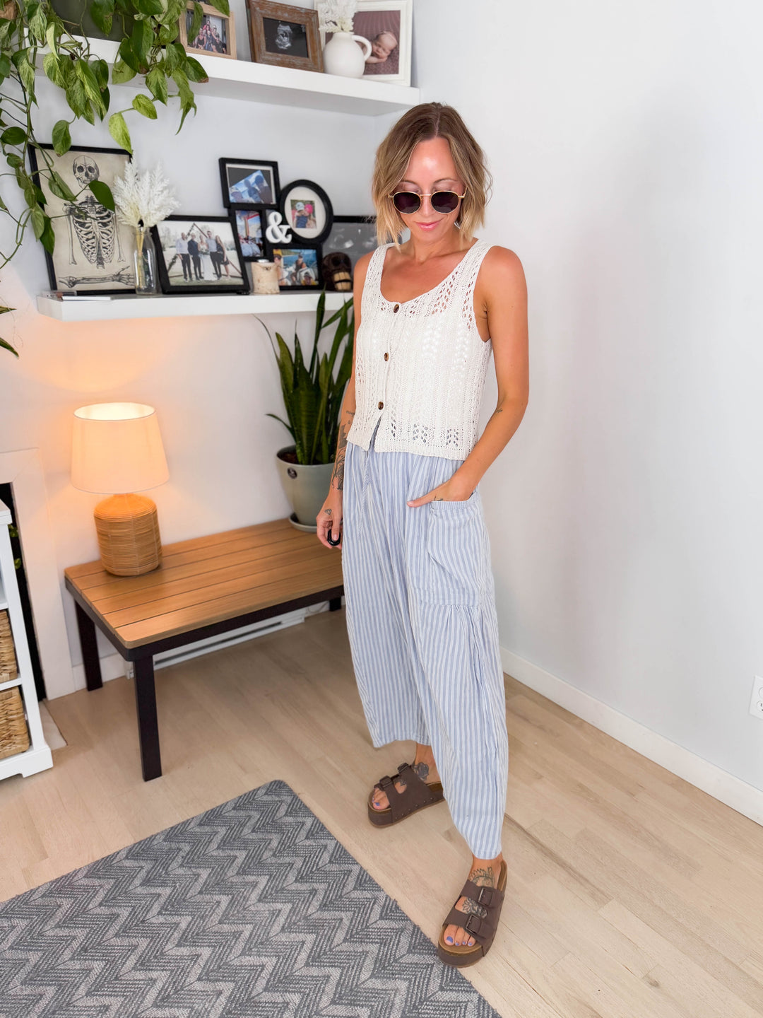 Wanderlust Cotton Boho Stripe Pants- BLUE