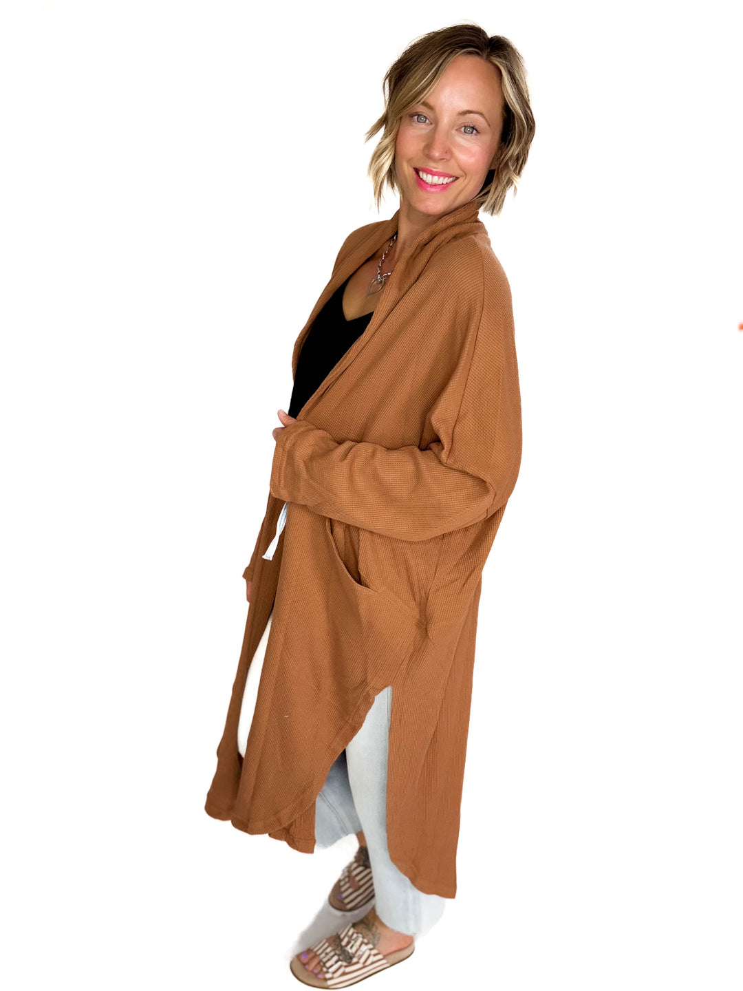 Ginny Thermal Knit Oversized Cardigan- CAMEL-FINAL SALE