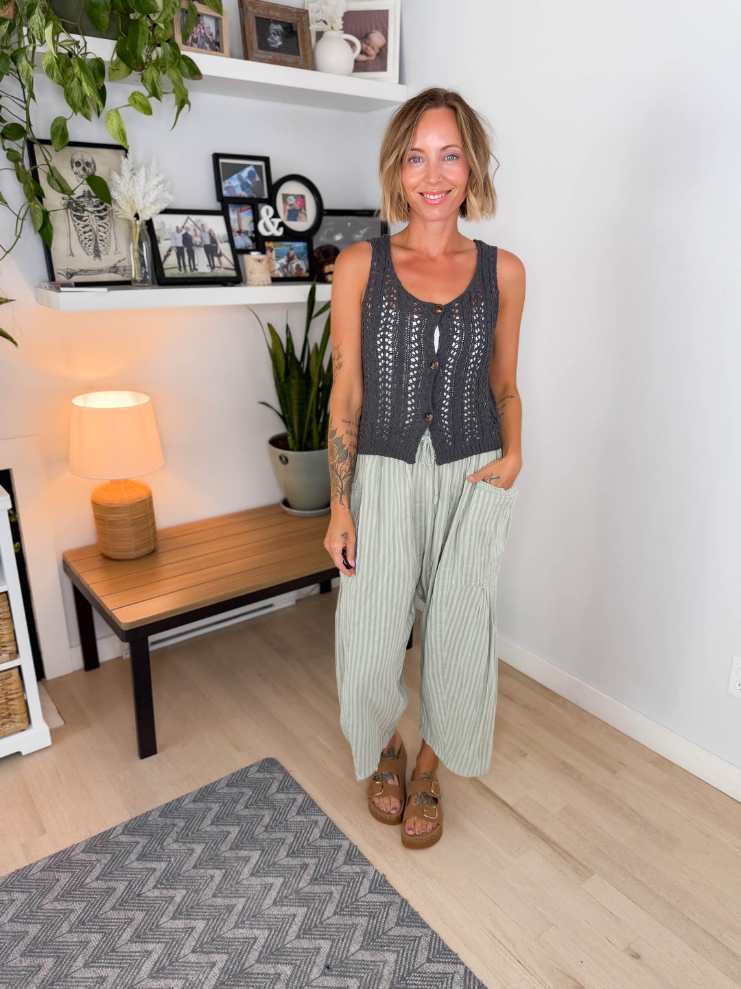 Kesha Crochet Knit Button Front Top- DARK GREY