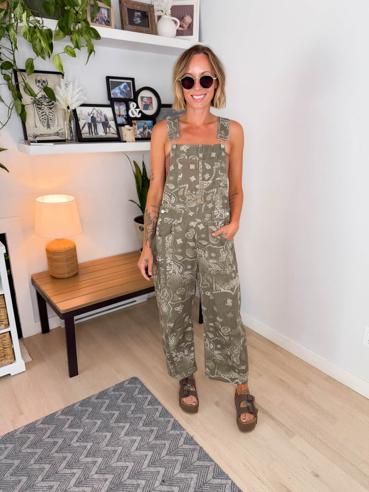 Lettie Paisley Print Barrel Overalls- VINTAGE ARMY