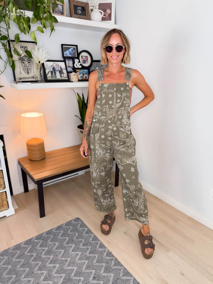 Lettie Paisley Print Barrel Overalls- VINTAGE ARMY