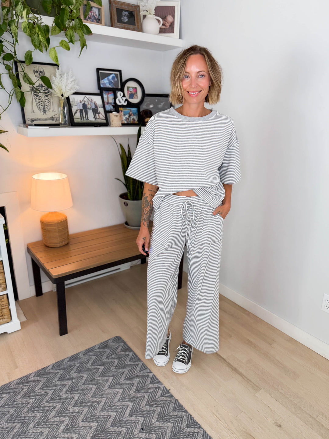 Anahi Striped Stretch Cotton Top and Pants Set- HEATHER GREY/WHITE