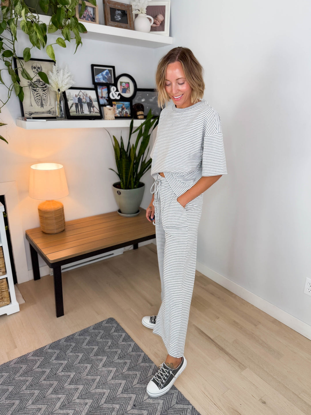 Anahi Striped Stretch Cotton Top and Pants Set- HEATHER GREY/WHITE