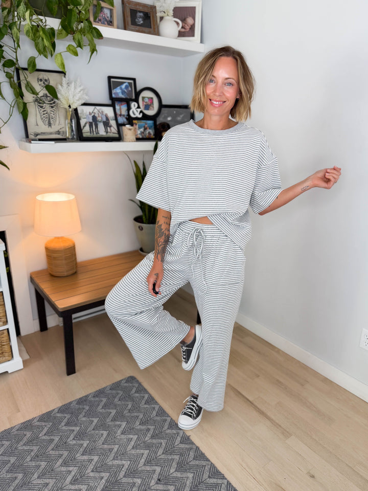Anahi Striped Stretch Cotton Top and Pants Set- HEATHER GREY/WHITE