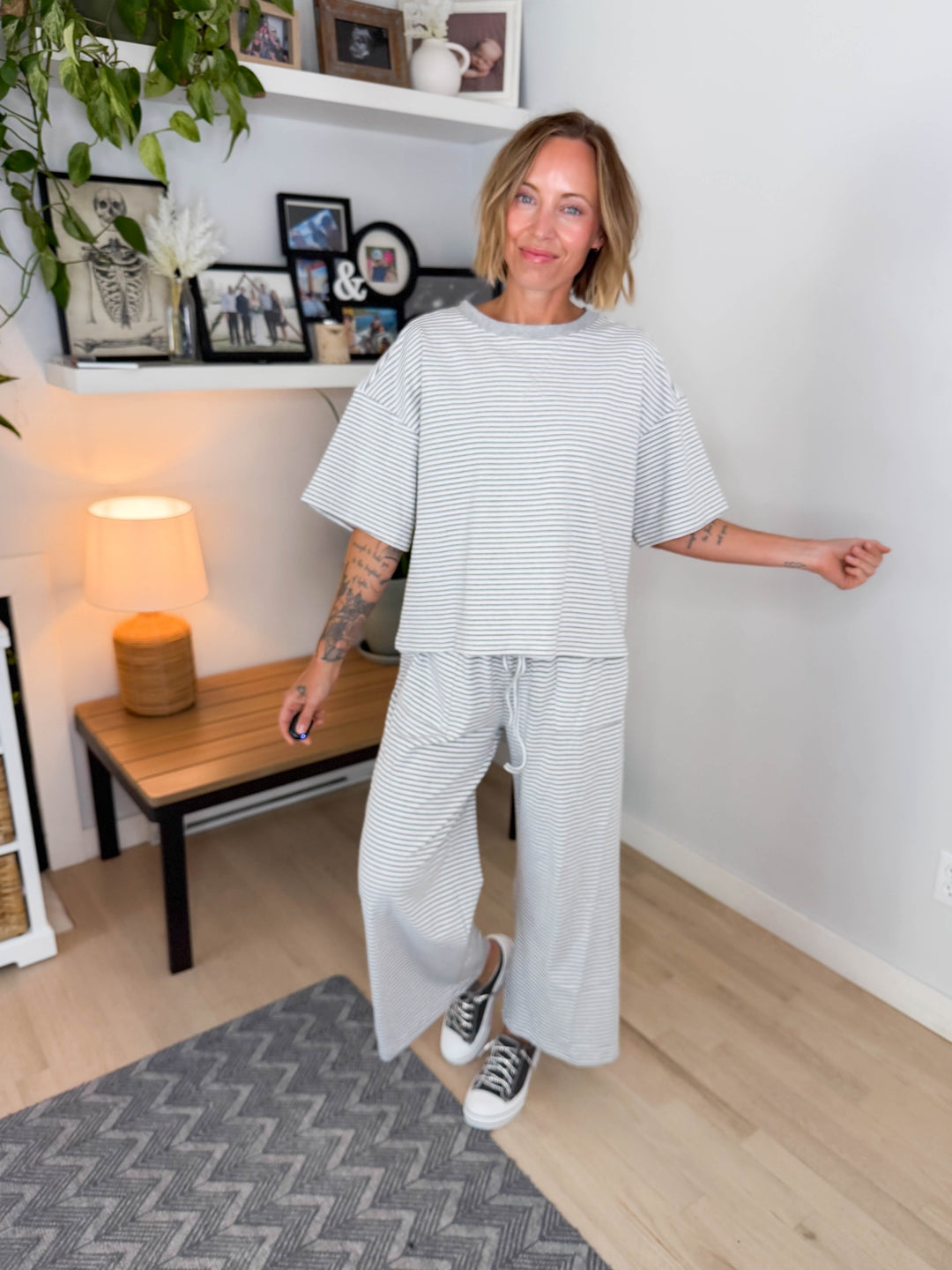Anahi Striped Stretch Cotton Top and Pants Set- HEATHER GREY/WHITE