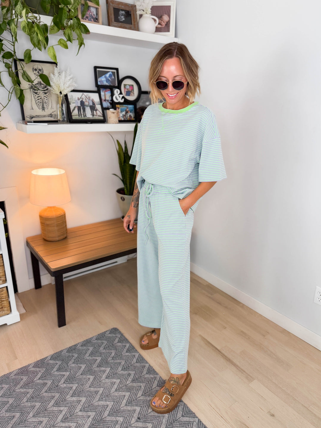 Anahi Striped Stretch Cotton Top and Pants Set- MINT/LILAC