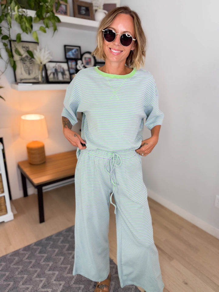 Anahi Striped Stretch Cotton Top and Pants Set- MINT/LILAC