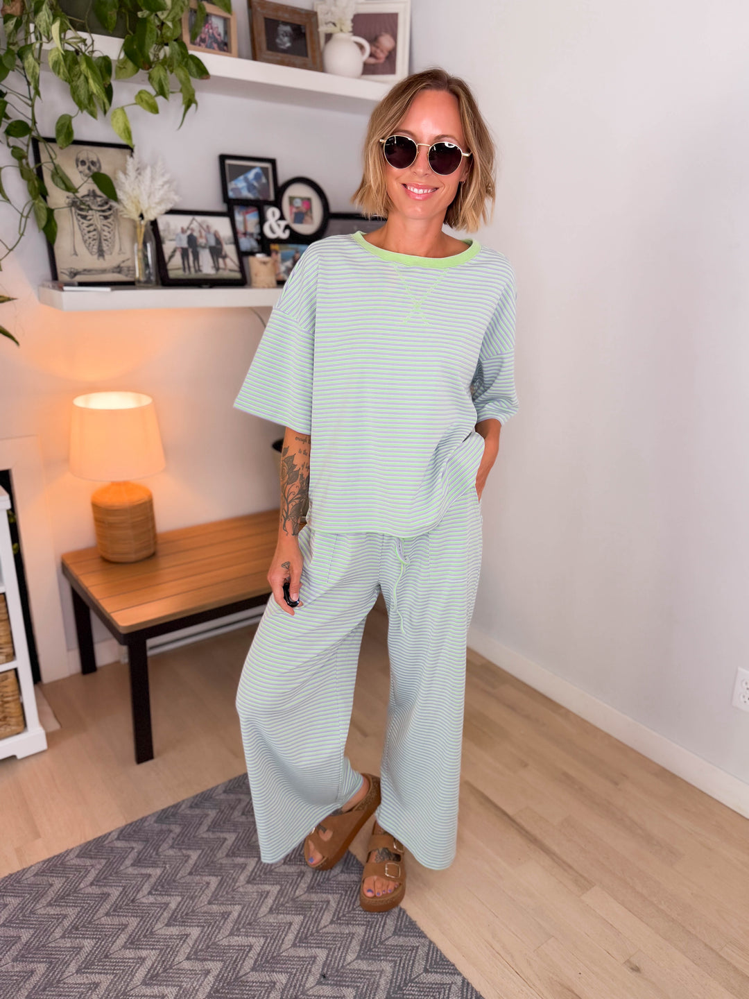 Anahi Striped Stretch Cotton Top and Pants Set- MINT/LILAC