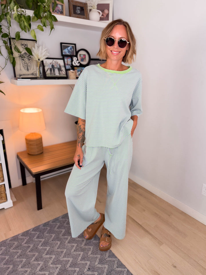 Anahi Striped Stretch Cotton Top and Pants Set- MINT/LILAC