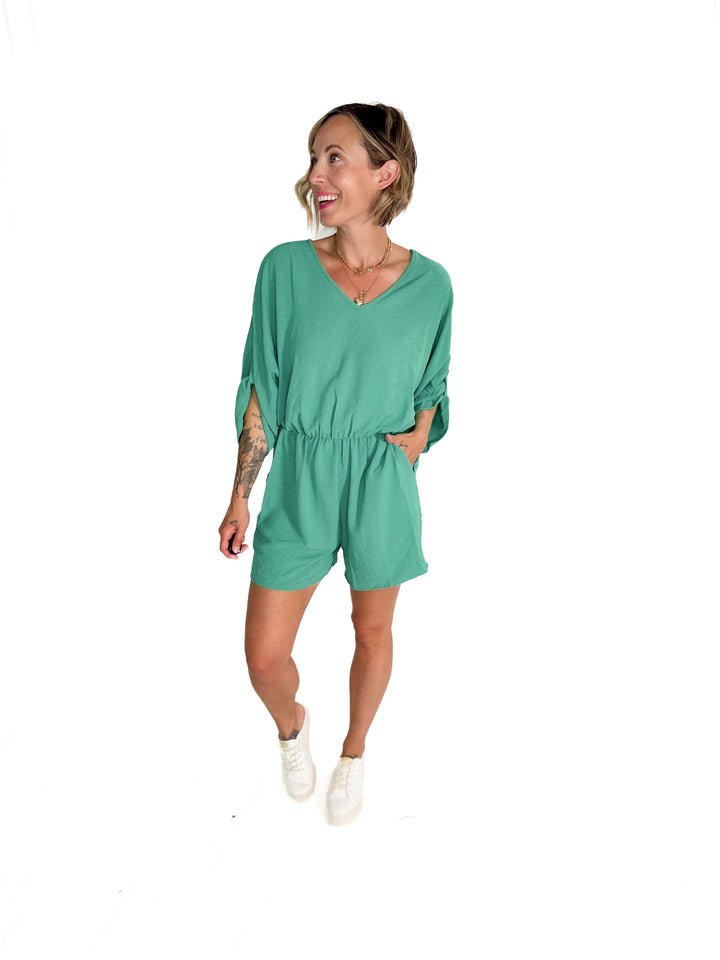 Kalli Airflow V-Neck Tab Sleeve Elastic Waist Romper- PARIS GREEN-FINAL SALE
