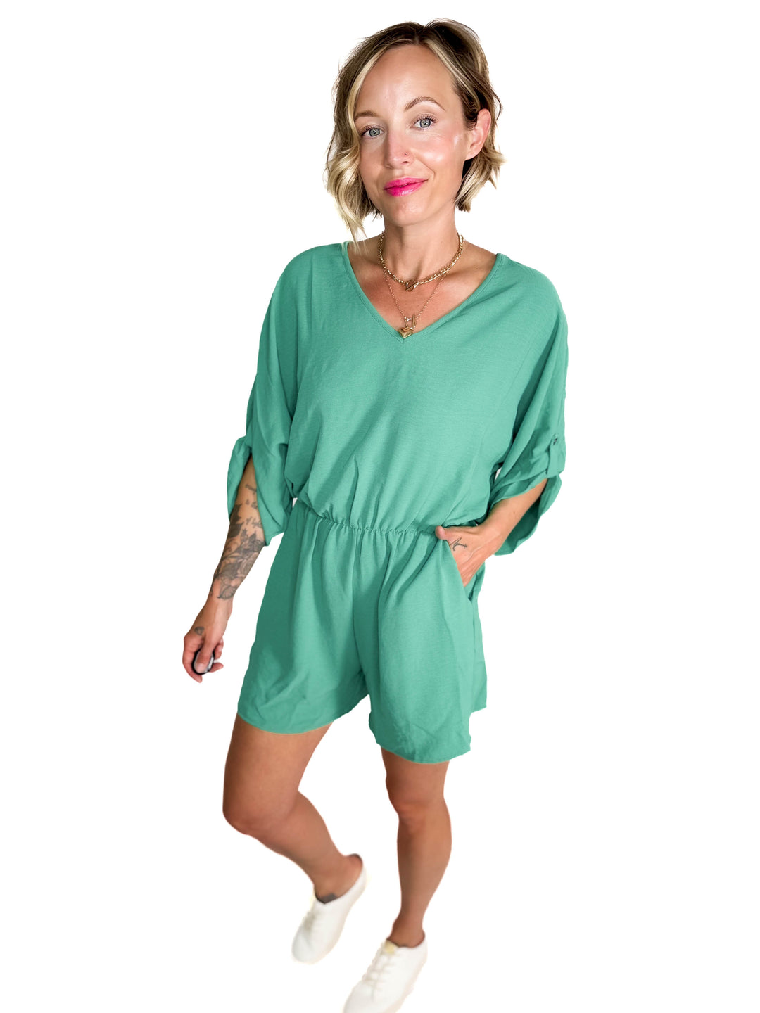 Kalli Airflow V-Neck Tab Sleeve Elastic Waist Romper- PARIS GREEN-FINAL SALE