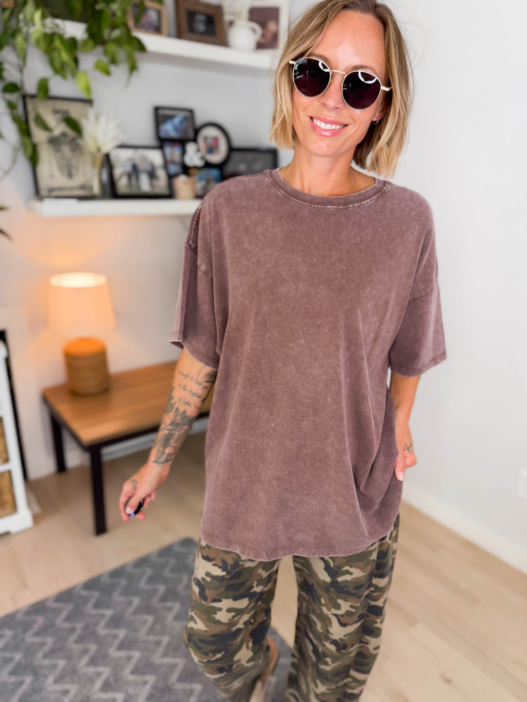 Keri Washed Cotton Boyfriend Tee- DARK BROWN
