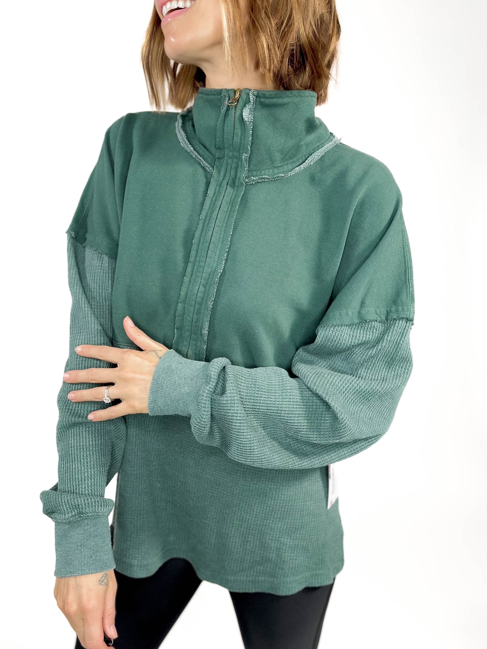 Ready or Not Waffle 1/2 Zip- EMERALD