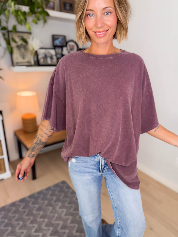 Keri Washed Cotton Boyfriend Tee- DARK CHERRY