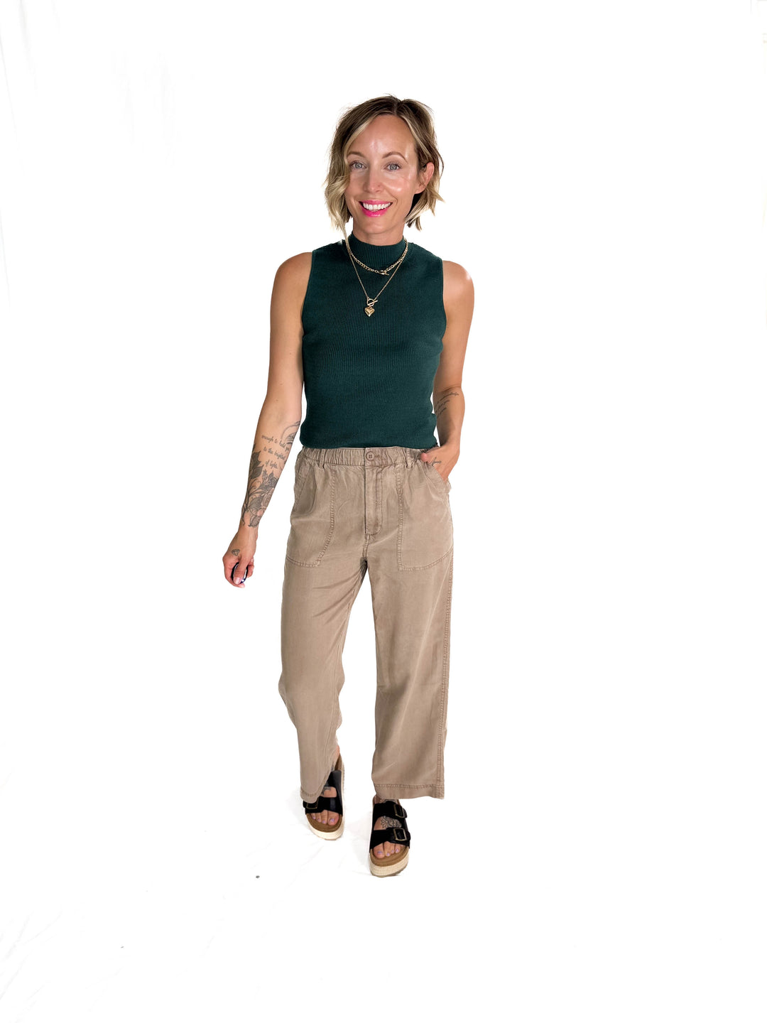Melena Mock Neck Ribbed Knit Tank- TEAL GREEN-FINAL SALE