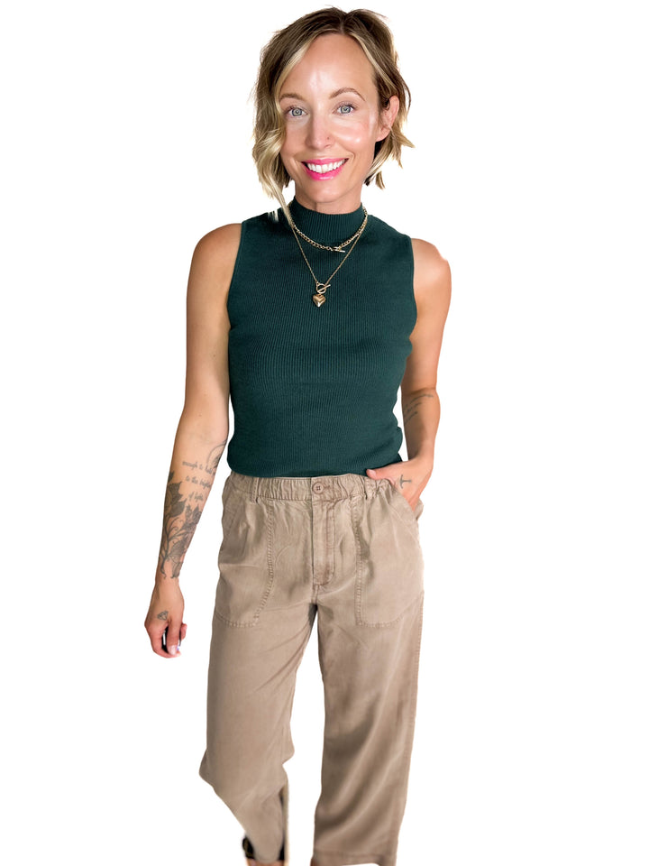Melena Mock Neck Ribbed Knit Tank- TEAL GREEN-FINAL SALE