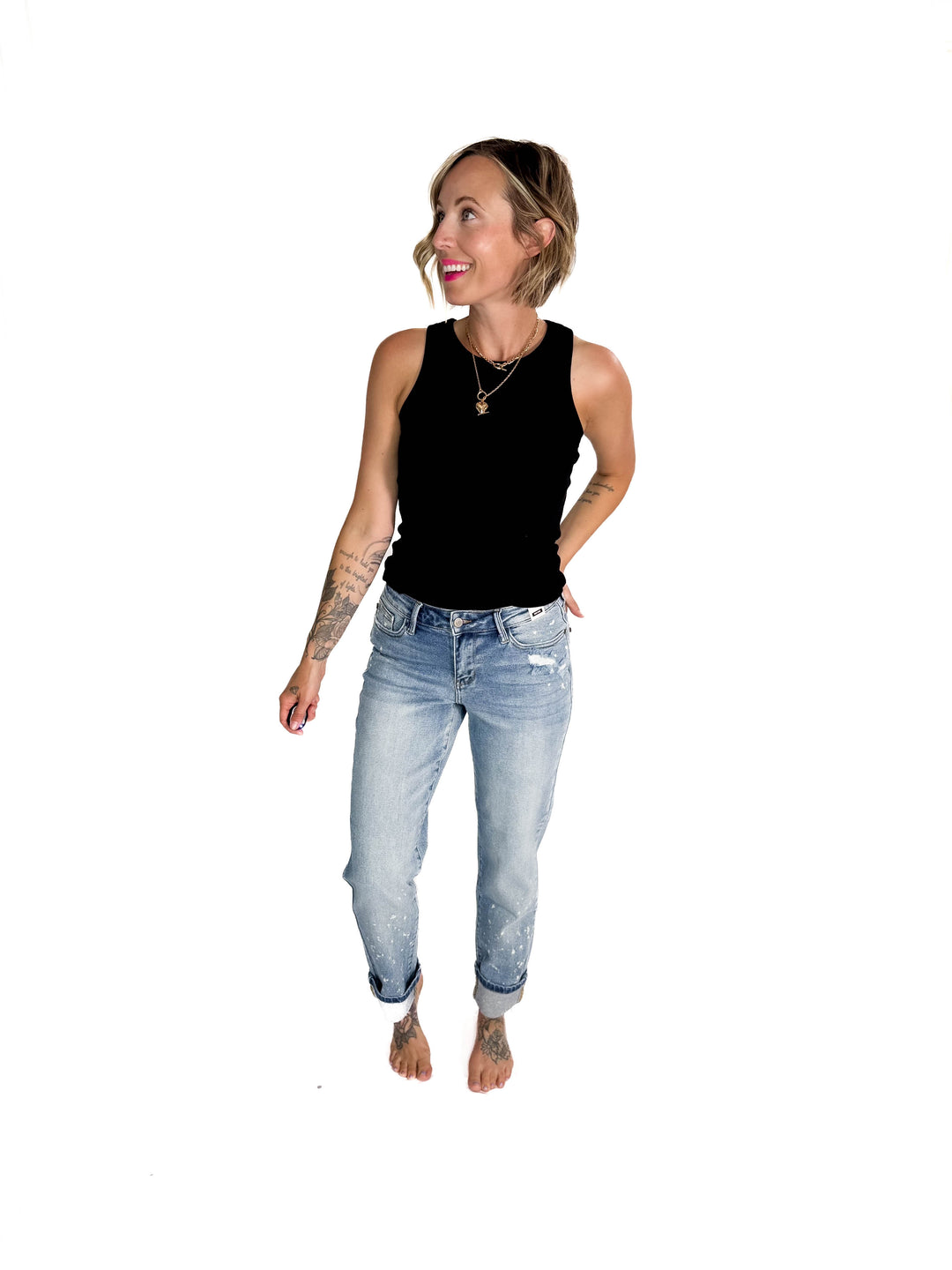 JUDY BLUE Clayton Bleach Splatter Single Cuff Boyfriend Jeans- MEDIUM WASH