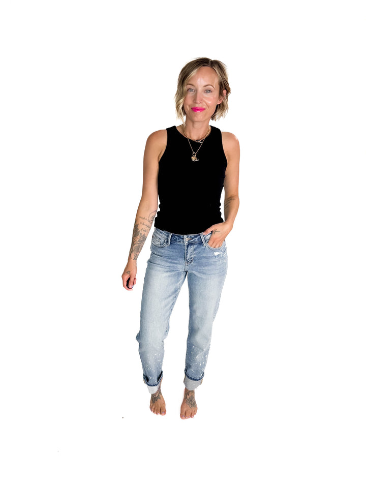 JUDY BLUE Clayton Bleach Splatter Single Cuff Boyfriend Jeans- MEDIUM WASH