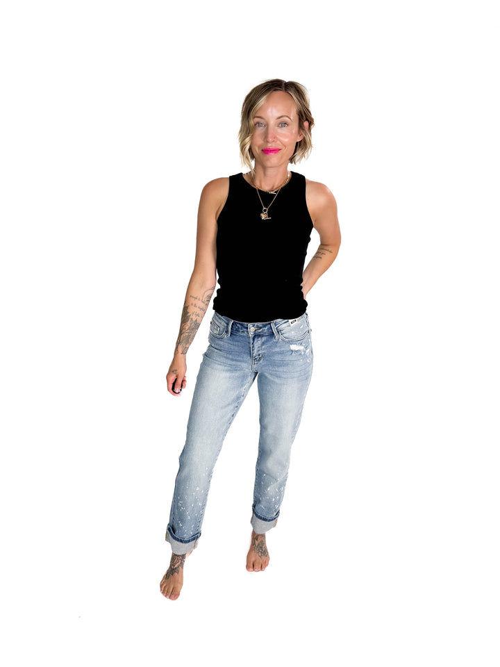 JUDY BLUE Clayton Bleach Splatter Single Cuff Boyfriend Jeans- MEDIUM WASH
