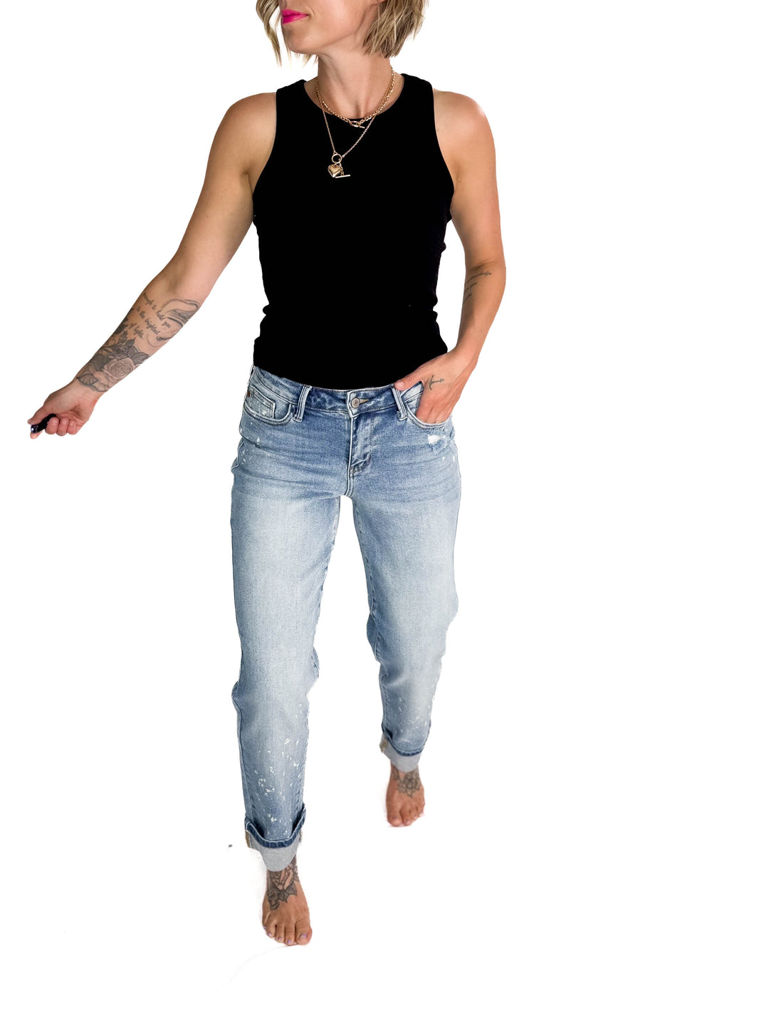 JUDY BLUE Clayton Bleach Splatter Single Cuff Boyfriend Jeans- MEDIUM WASH