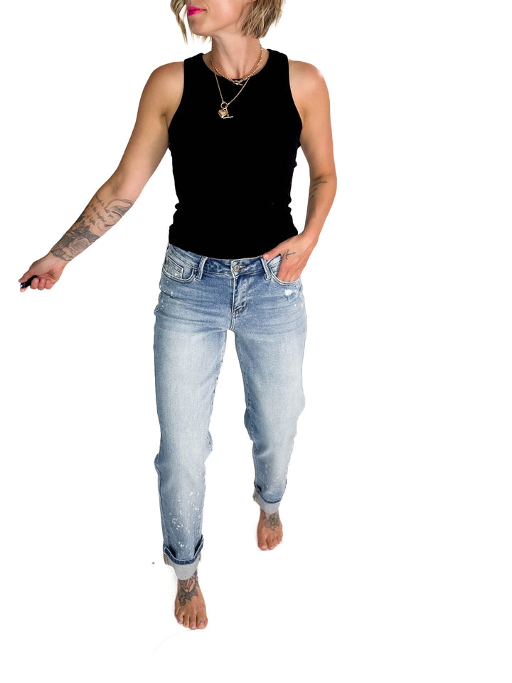 JUDY BLUE Clayton Bleach Splatter Single Cuff Boyfriend Jeans- MEDIUM WASH