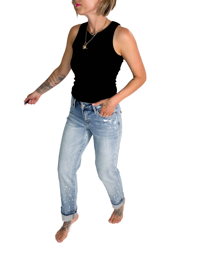 JUDY BLUE Clayton Bleach Splatter Single Cuff Boyfriend Jeans- MEDIUM WASH