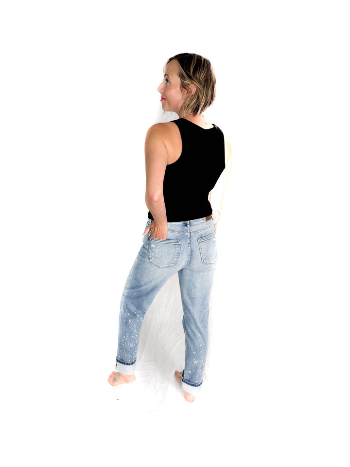 JUDY BLUE Clayton Bleach Splatter Single Cuff Boyfriend Jeans- MEDIUM WASH