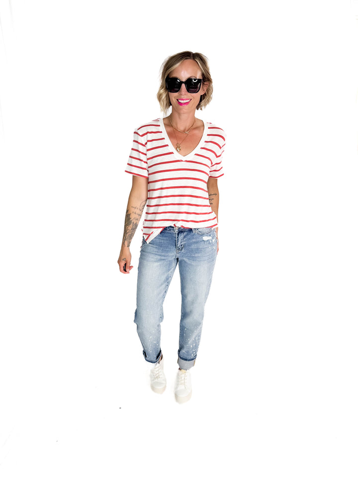 Chrishell Cotton Blend Relaxed Fit Striped T-shirt- CRANBERRY-FINAL SALE