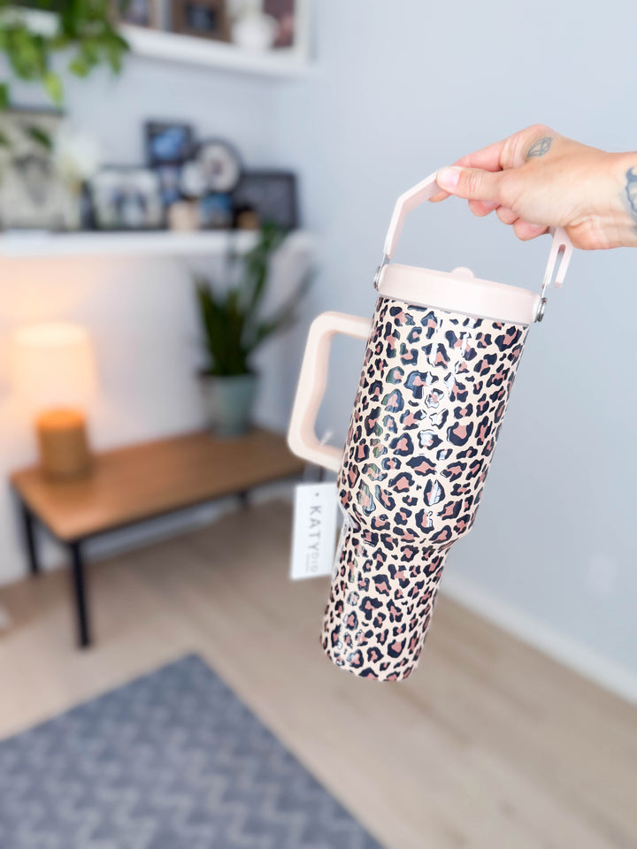 Brown Leopard Metal Tumbler with Lid Handle 38oz