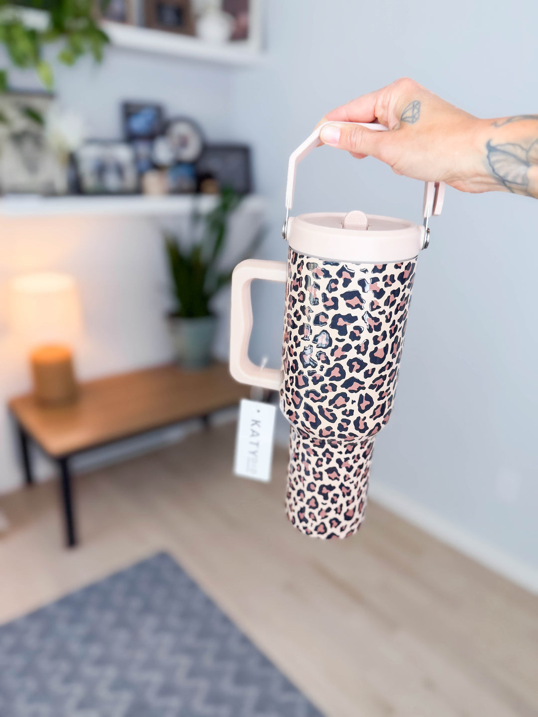 Brown Leopard Metal Tumbler with Lid Handle 38oz