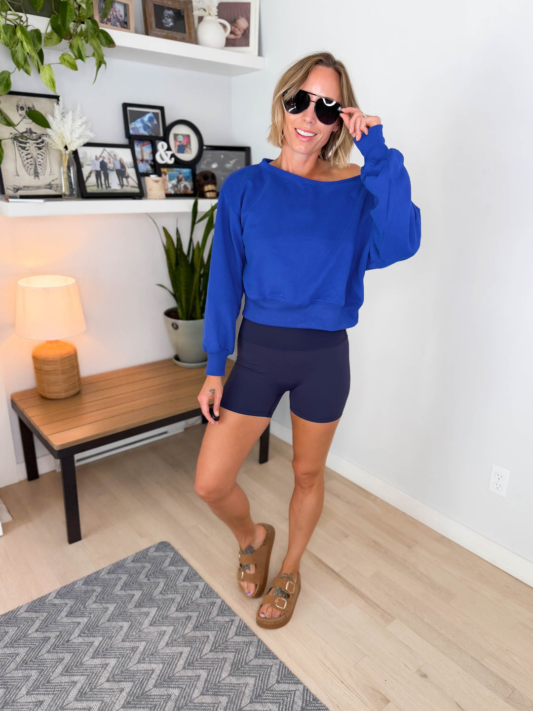 Ocean Mist Off Shoulder Crop Sweatshirt- COBALT