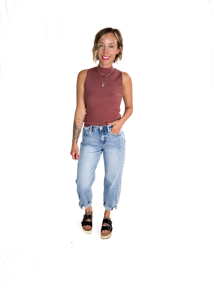 Melena Mock Neck Ribbed Knit Tank- RED BEAN-FINAL SALE