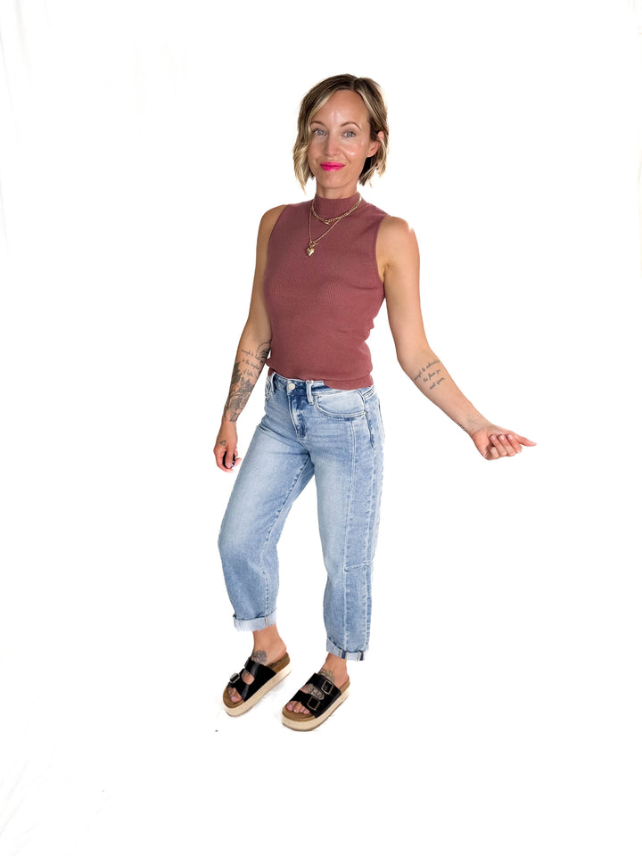 Melena Mock Neck Ribbed Knit Tank- RED BEAN-FINAL SALE
