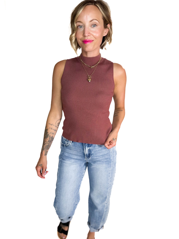 Melena Mock Neck Ribbed Knit Tank- RED BEAN-FINAL SALE