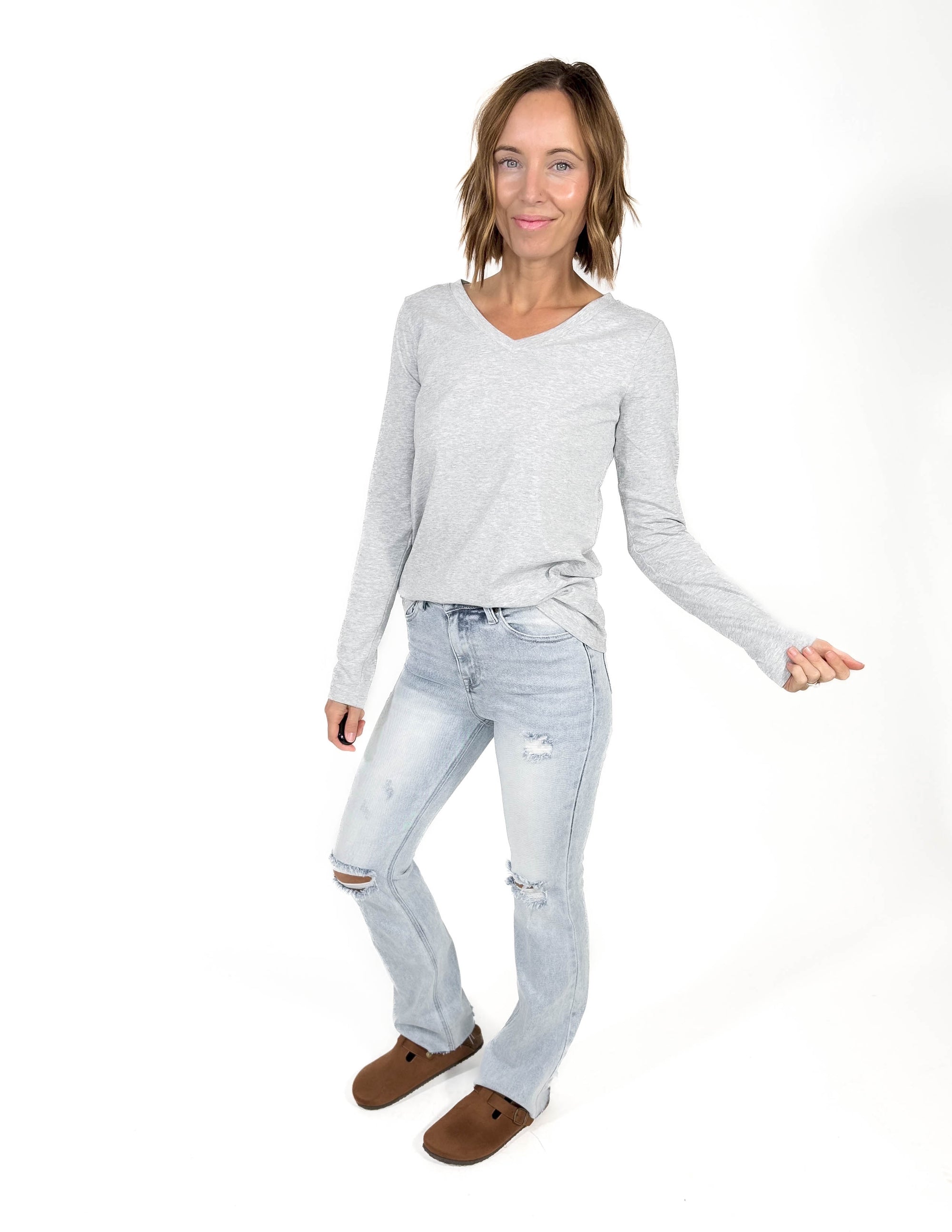 Better Than Basic Cotton V-neck Long Sleeve- HTHR GREY -FINAL SALE