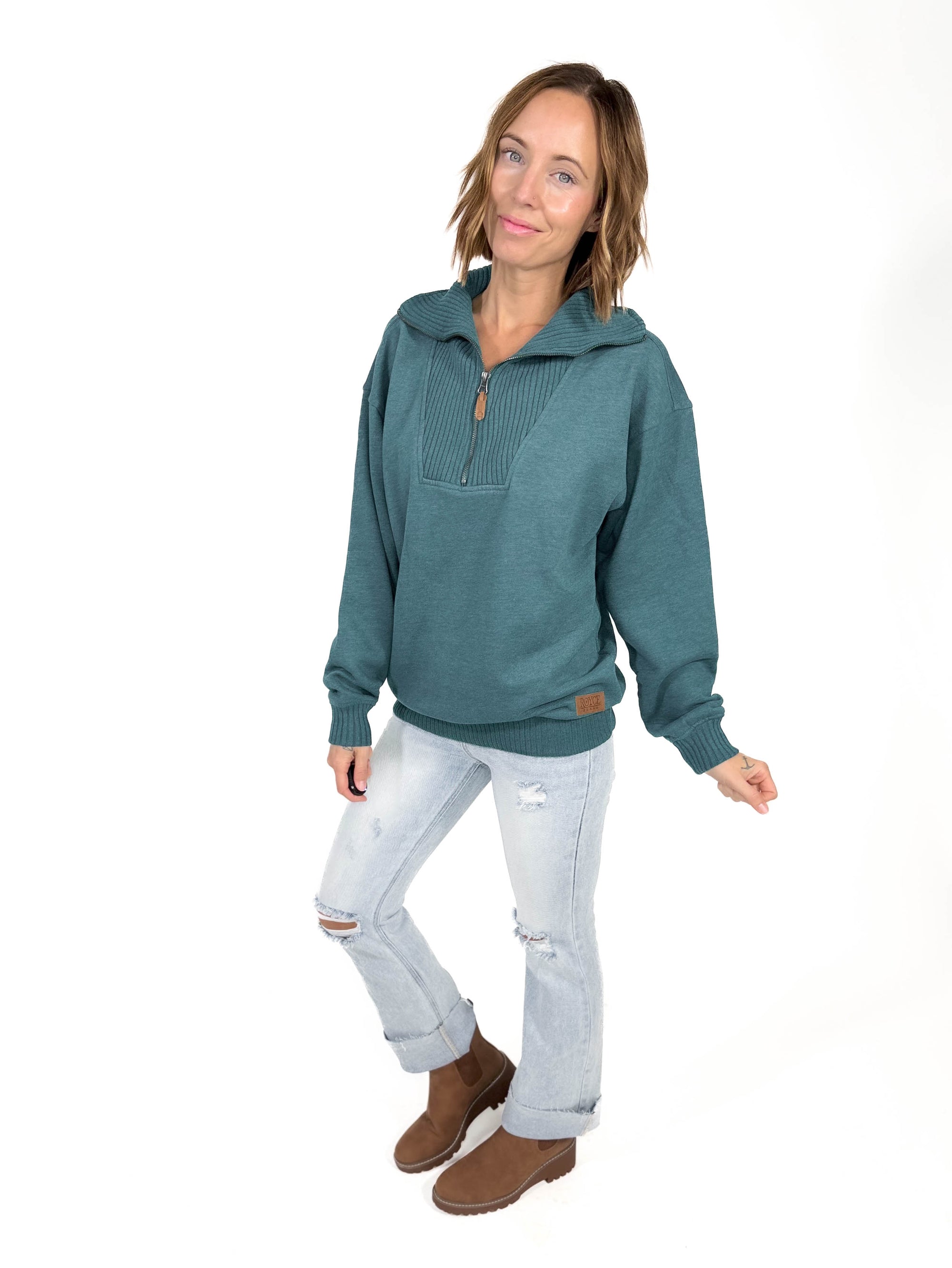 Thelma Mock Neck Fleece- EMERALD