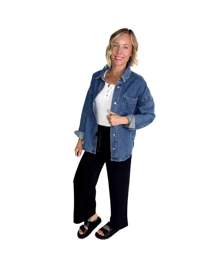 Elara Button Down Denim Jacket- DARK WASH-FINAL SALE