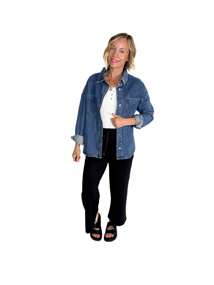 Elara Button Down Denim Jacket- DARK WASH-FINAL SALE