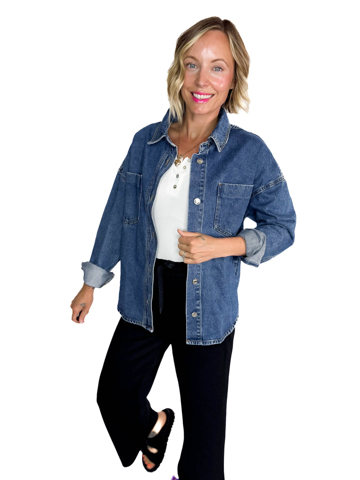 Elara Button Down Denim Jacket- DARK WASH-FINAL SALE