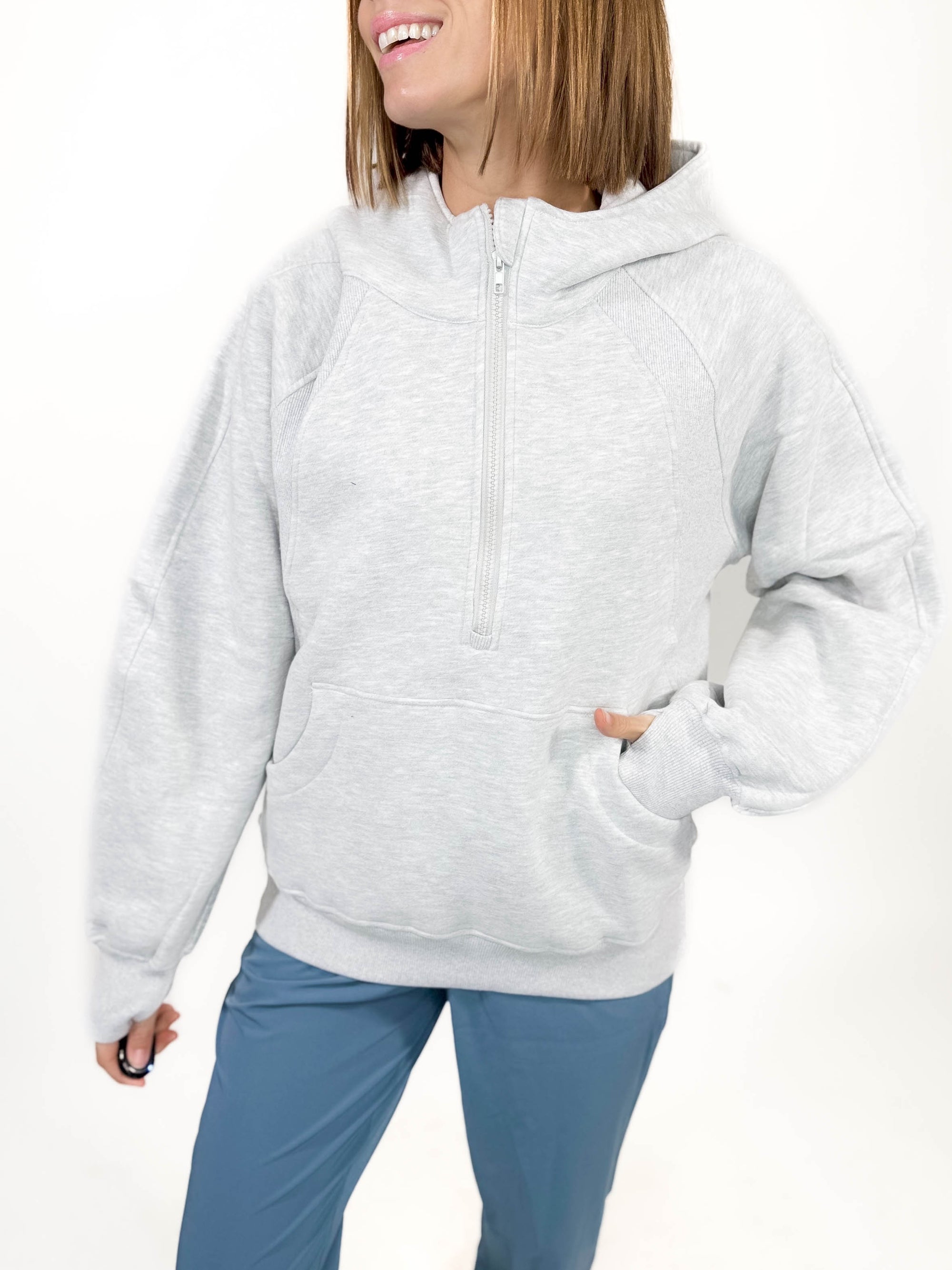 Morgan Funnel Neck Half Zip Hoodie- HTHR GREY -FINAL SALE