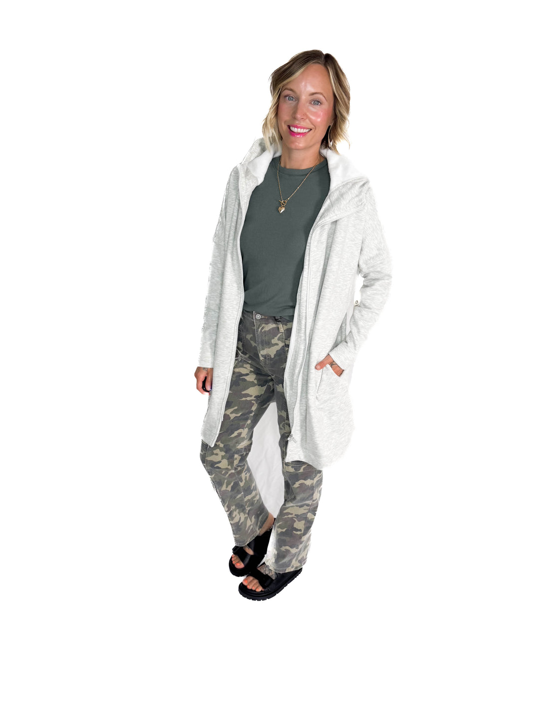 MONO B Nelly Longline Zip-Up Jacket With Hood- TWO TONE GREY-FINAL SALE