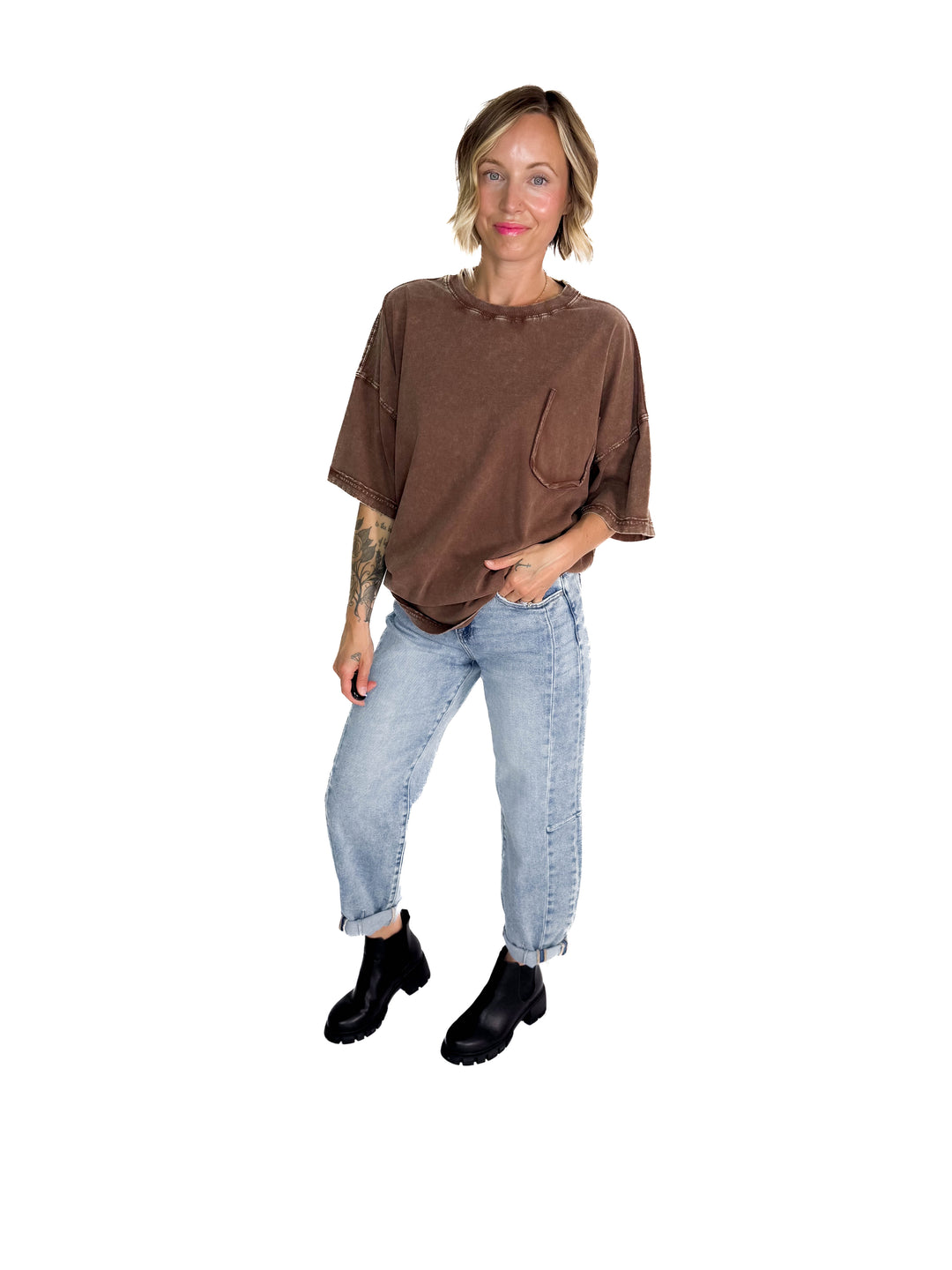 Brandi Mineral Wash Tunic Tee- BROWN